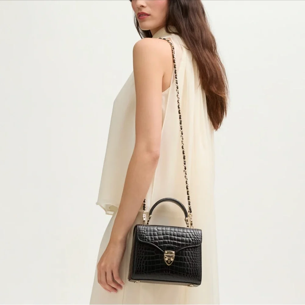 Aspinal of London Midi Mayfair Black Patent Croc Top Handle Crossbody Chain Bag